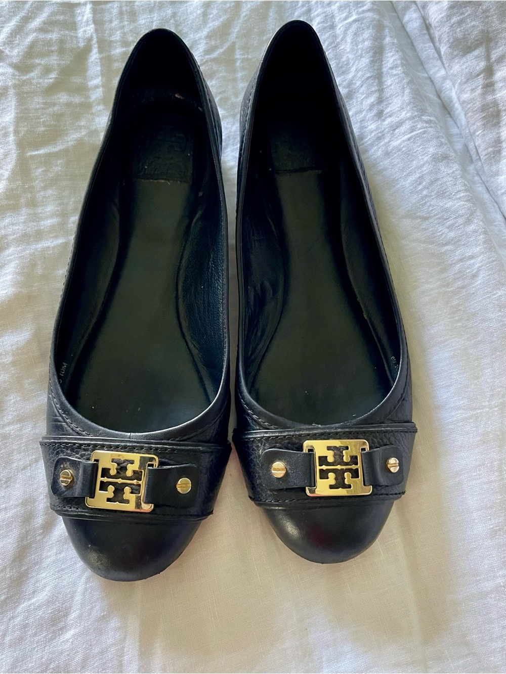 Tory Burch Black Leather Logo Ballet Flats with Gold Hardware